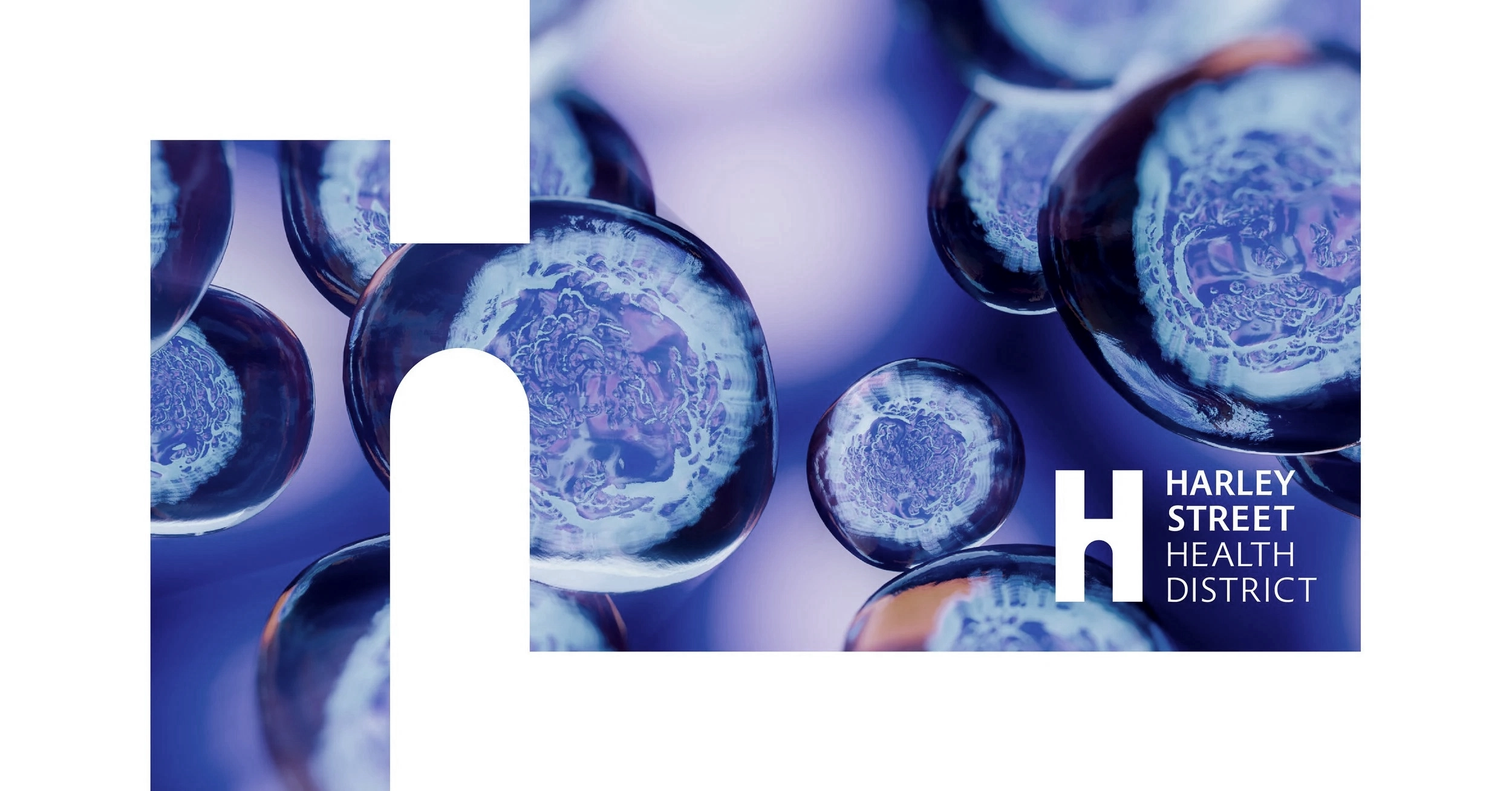 Blue glass orbs arranged around a white arch-shaped void, forming the Harley Street Health District 'H' identity mark